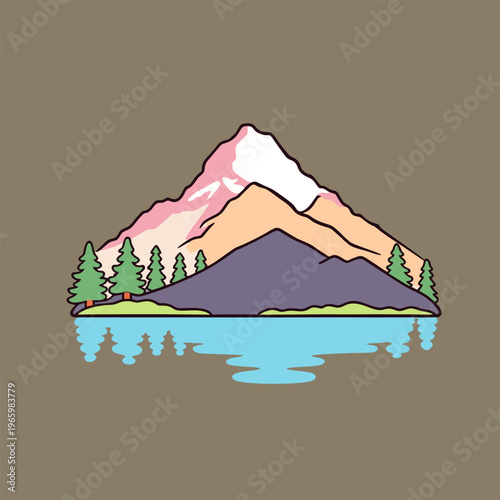 Mountain lake landscape with snow-capped peak blue water