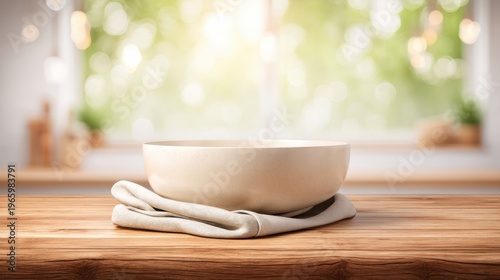 off white ceramic bowl on wooden table with linen cloth and kitchen background
