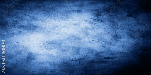 Dark blue abstract grunge background with smoke textures and storm clouds over a night sea under a moonlit sky