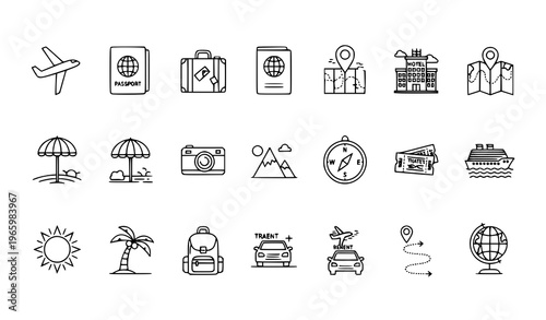 Travel Tourism Line Icons Set Vacation Holiday Editable Stroke Vector Collection
