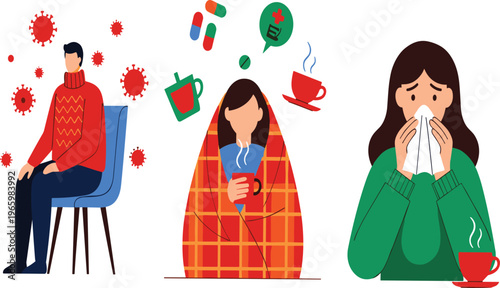 People with flu symptoms sitting and drinking hot tea, coughing sneezing sick characters with viruses, cold illness treatment healthcare flat vector illustration