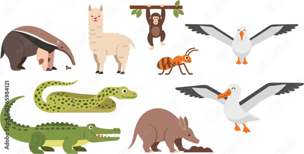Obraz premium Wild Animal Vector Set Featuring Anteater, Monkey, Llama, Snake, Crocodile, Ant, Seagull, and Armadillo