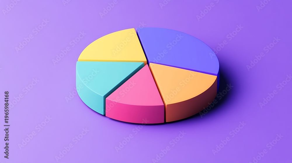 Fototapeta premium A colorful 3D pie chart with five sections on a purple background used for data visualization and statistics