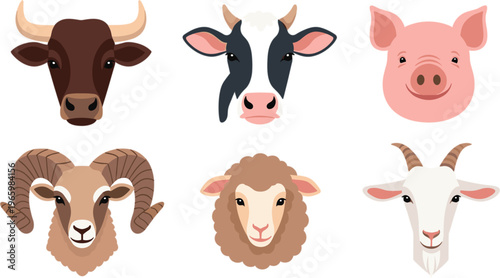 Farm Animal Faces Vector Set Featuring Cow, Pig, Goat, Sheep, Ram, and Bull