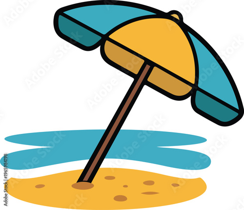 Beach Umbrella on Sandy Shore with Blue Water flat vector clipart with black outline isolated transparent background