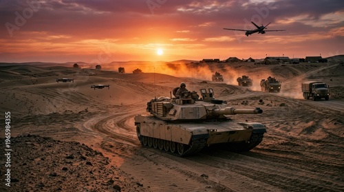 Military Tank and Helicopter in Desert Warfare.