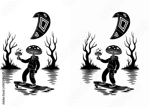 Mushroom Man Kitesurfing Surreal Character Illustration, Flat Black and White Vector Art