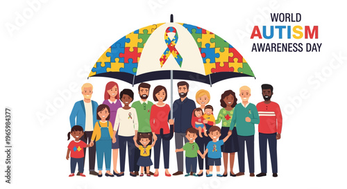 Diverse group of people standing under large autism awareness umbrella