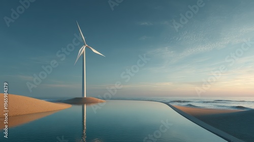 Wind turbine on coastal ridge above still water under open sky