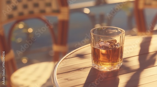 café table with wine glass and metal chair in golden hour light