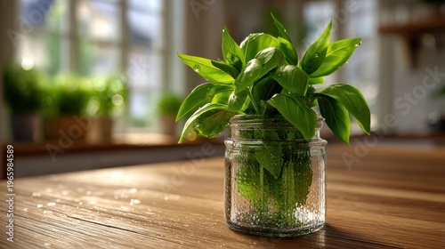 Fresh green herbs in glass jar with water droplets on wooden kitchen counter