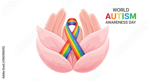 Hands holding a rainbow infinity ribbon symbol for autism awareness day