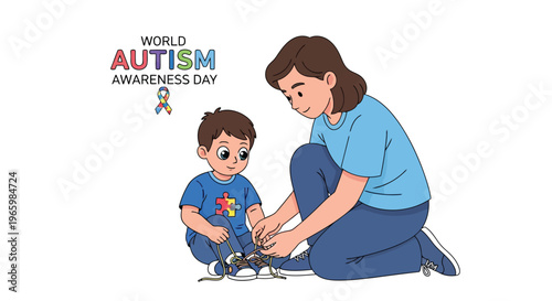 Mother helping young son tie shoelaces world autism awareness day art