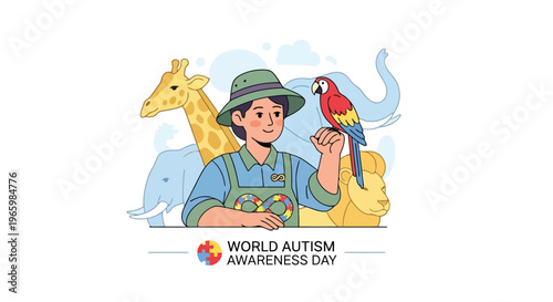 Zookeeper with exotic animals world autism awareness day illustration