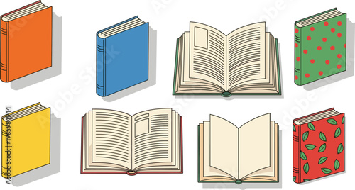 Colorful Book Collection with Open and Closed Books, Green and Red Book Covers, and Detailed Pages Vector Illustration