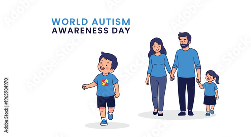 Happy family walking together for World Autism Awareness Day event