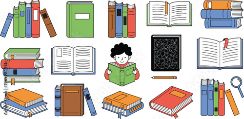 Cute Book Collection with Open Books, Reading Child, Pencil, and Study Materials Vector for Education and Learning