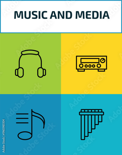 music and media outline icon set. 4 linear vector for ui, web and mobile. thin line music player headphones, amplifier, playlist, panpipe icons.