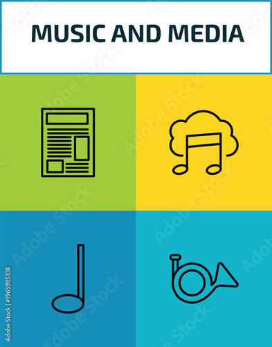 music and media outline icon set. 4 linear vector for ui, web and mobile. thin line newspaper report, downloaded music cloud, crotchet, french horn icons.