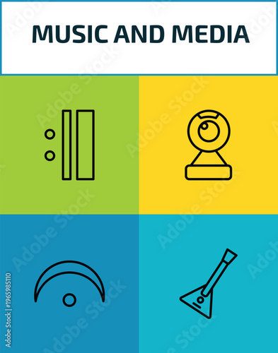 music and media outline icon set. 4 linear vector for ui, web and mobile. thin line repeat, webcam video call, fermata, balalaika icons.