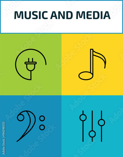 music and media outline icon set. 4 linear vector for ui, web and mobile. thin line charging plug, semiquaver, bass clef, music player tings icons.