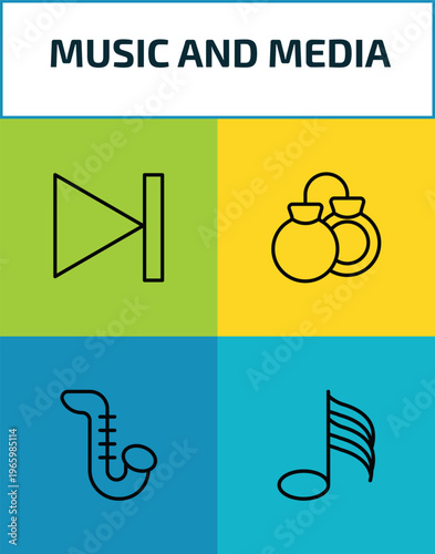 music and media outline icon set. 4 linear vector for ui, web and mobile. thin line skip, castanets, saxophone, hemidemisemiquaver icons.