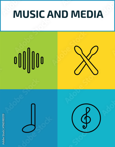 music and media outline icon set. 4 linear vector for ui, web and mobile. thin line acoustic, drumsticks, quarter note, clef icons.
