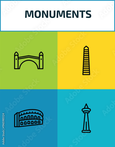 monuments outline icon set. 4 linear vector for ui, web and mobile. thin line stari most, walled obelisk, pula arena, icons.