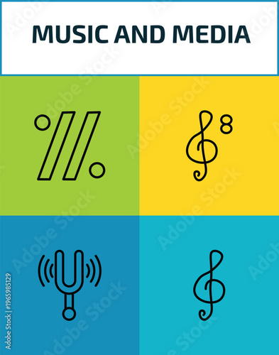 music and media outline icon set. 4 linear vector for ui, web and mobile. thin line simile, octave clef, diapason, treble clef icons.