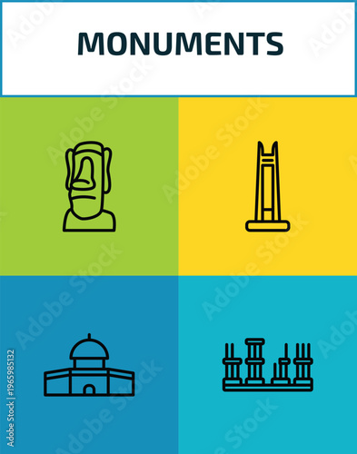 monuments outline icon set. 4 linear vector for ui, web and mobile. thin line moia statues, circle, dome of the rock, roman theatre of merida icons.
