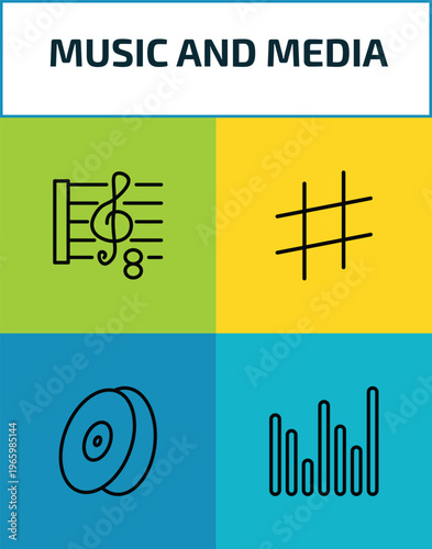 music and media outline icon set. 4 linear vector for ui, web and mobile. thin line octave, sharp, cymbal, sound bars icons.