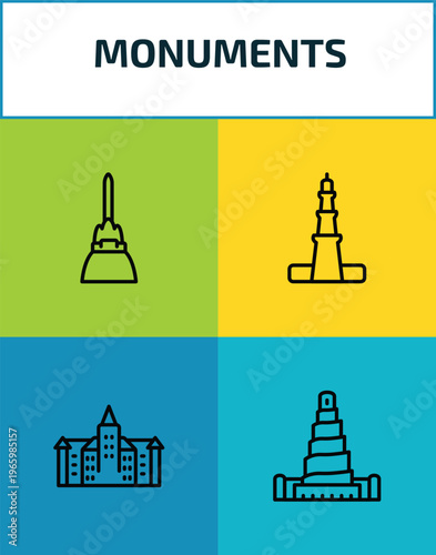monuments outline icon set. 4 linear vector for ui, web and mobile. thin line philippines, qutb minar in new delhi, bran castle, great mosque of samarra icons.