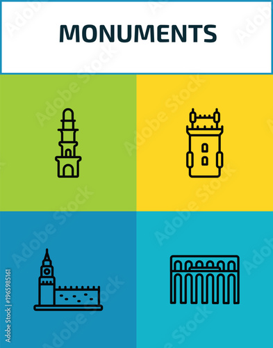 monuments outline icon set. 4 linear vector for ui, web and mobile. thin line the clock tower, belem tower, russia, segovia aqueduct icons.
