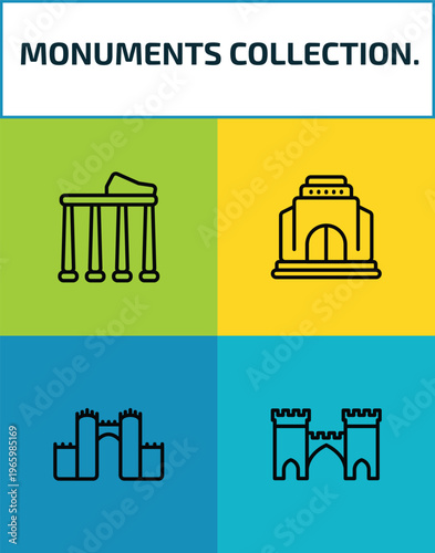 monuments collection. outline icon set. 4 linear vector for ui, web and mobile. thin line temple of apollo, monument site, medieval walls in avila, medieval icons.