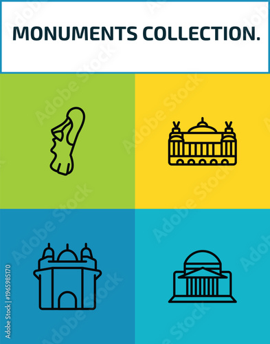 monuments collection. outline icon set. 4 linear vector for ui, web and mobile. thin line easter island, palais garnier, amritsar, bay icons.