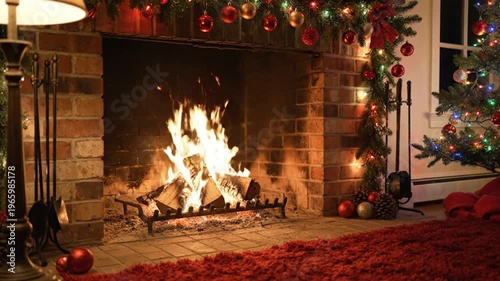 Cozy living room with a lit fireplace, decorated Christmas tree, and holiday decor on a red rug, by a window on a winter evening