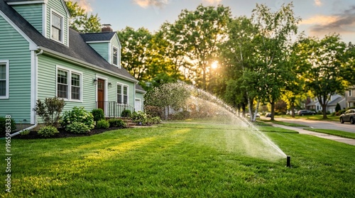  Lawn grass watering with automated sprinkler Irrigation & Landscaping Watering Systems residential irrigation system in action, highlighting home maintenance, landscaping aesthetics