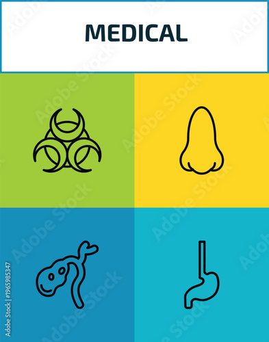 medical outline icon set. 4 linear vector for ui, web and mobile. thin line biological warning, l, gallbladder, esophagus icons.