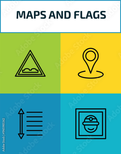 maps and flags outline icon set. 4 linear vector for ui, web and mobile. thin line speed breaker, locations, spacing, mine site icons.