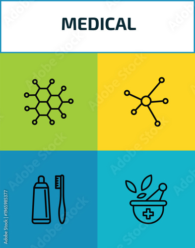 medical outline icon set. 4 linear vector for ui, web and mobile. thin line molecular configuration, molecular structure, brush with tooth paste, phary tool icons.