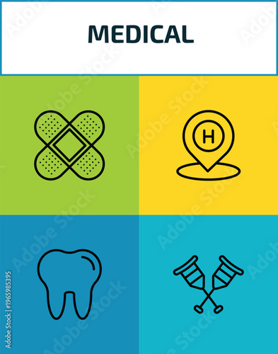 medical outline icon set. 4 linear vector for ui, web and mobile. thin line bandage cross, hospital placeholder, molar tooth, crutches couple icons.