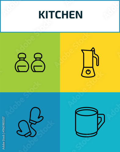kitchen outline icon set. 4 linear vector for ui, web and mobile. thin line seasoning, coffee maker, mitten, mug icons.