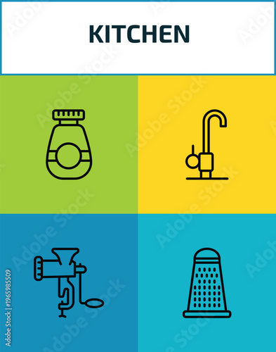 kitchen outline icon set. 4 linear vector for ui, web and mobile. thin line jar, kitchen tap, meat grinder, grater icons.