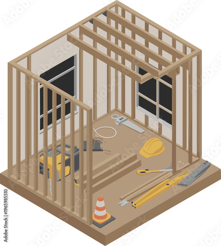 isometric house construction wooden frame structure, building interior, carpentry tools, home renovation, engineering design, unfinished room, construction illustration concept