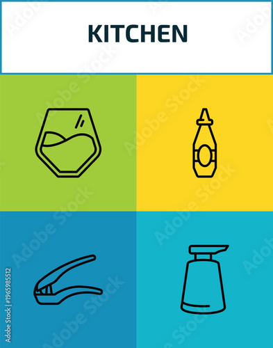 kitchen outline icon set. 4 linear vector for ui, web and mobile. thin line glass, sauce, garlic press, soap dispenser icons.