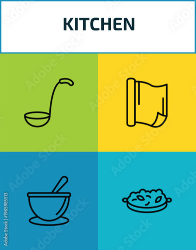 kitchen outline icon set. 4 linear vector for ui, web and mobile. thin line ladle, aluminum foil, soup bowl, paella icons.