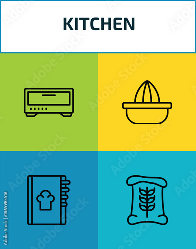 kitchen outline icon set. 4 linear vector for ui, web and mobile. thin line bun warmer, squeezer, recipe book, flour icons.