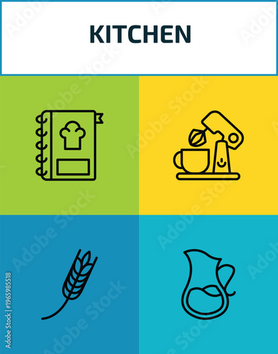 kitchen outline icon set. 4 linear vector for ui, web and mobile. thin line recipe, mixer, wheat, pitcher icons.