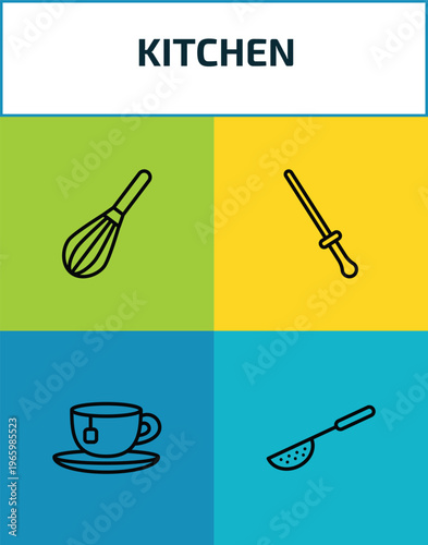 kitchen outline icon set. 4 linear vector for ui, web and mobile. thin line beater, knife sharpener, tea cup, sugar sifter icons.