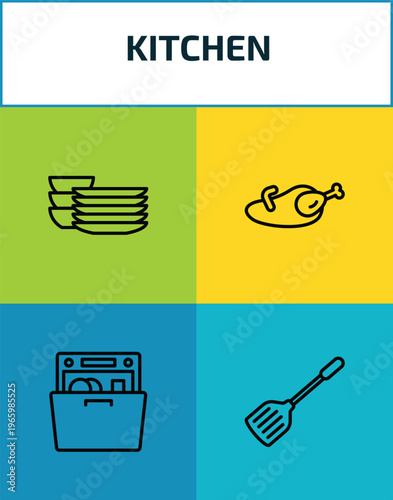 kitchen outline icon set. 4 linear vector for ui, web and mobile. thin line dishes, broiler, dishwasher, spatula icons.